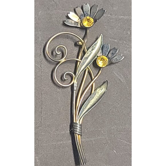 Vintage Van Dell 1/20 12 K Gold Filled on Silver - Floral Brooch - Yellow Rhines - Picture 1 of 5